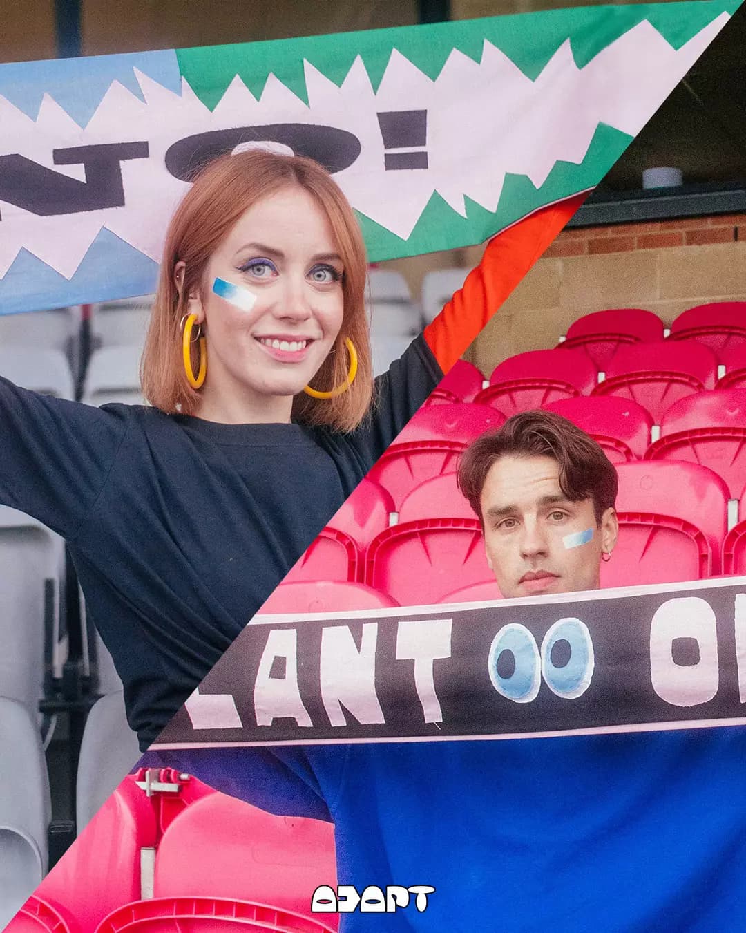 Two fans holding a split scarf in a stadium, one half green and white, the other blue and black, with painted faces