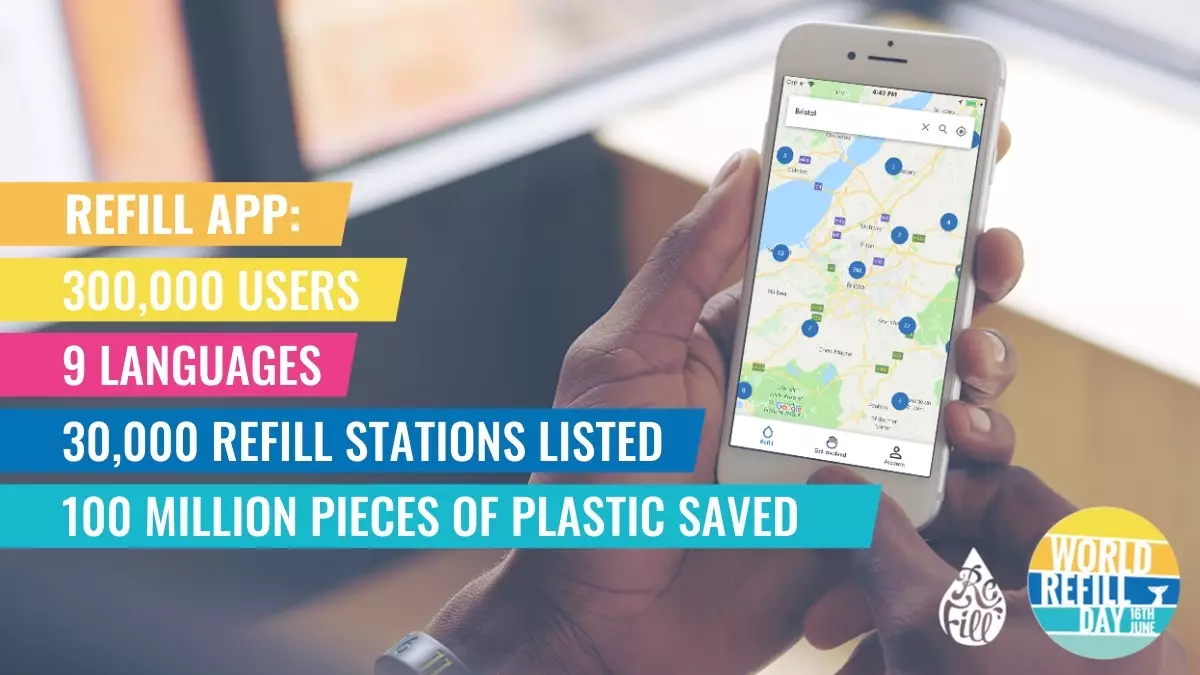 Person holding a smartphone displaying a map with refill stations. Text highlights app stats: 300,000 users, 9 languages, 30,000 stations, 100M plastics saved.