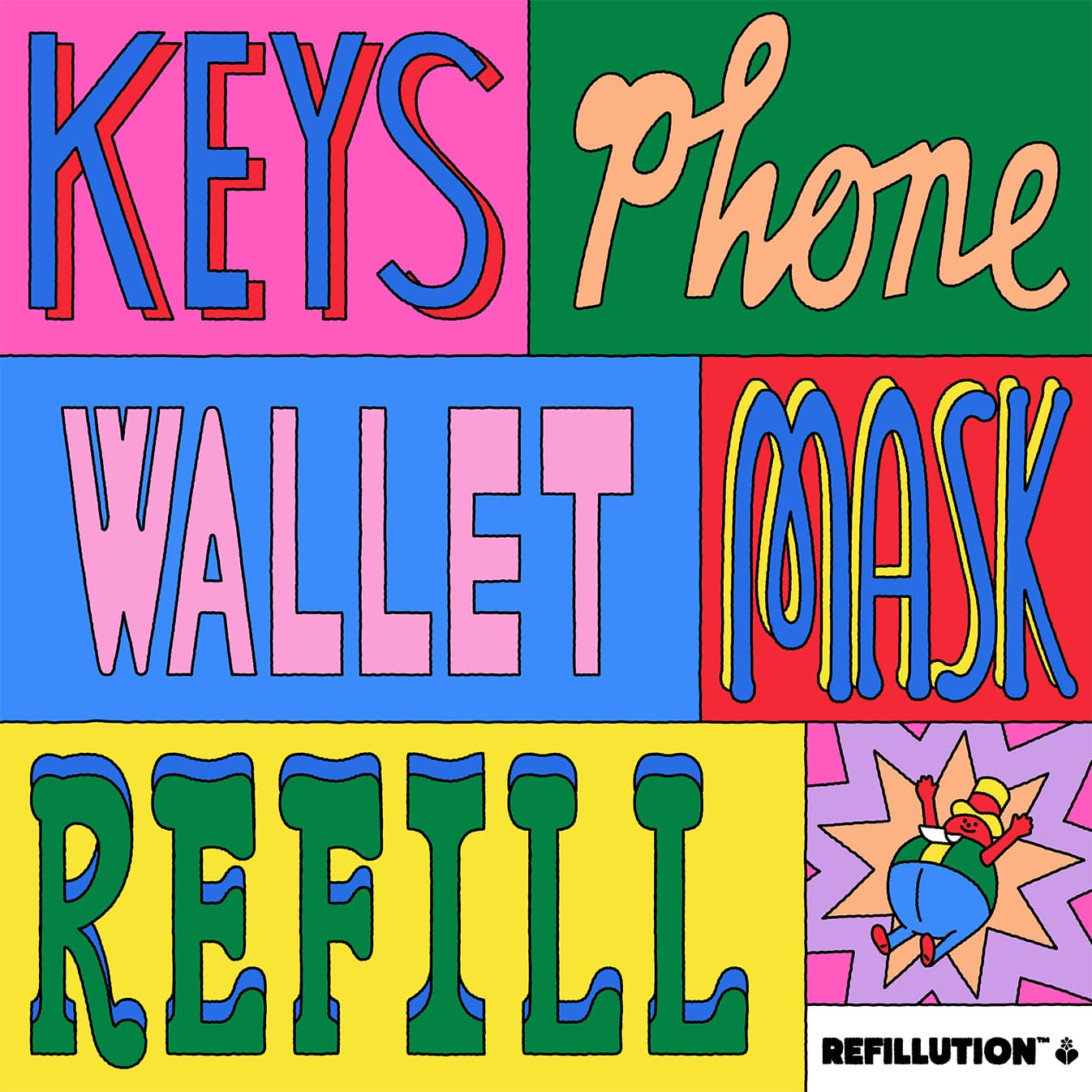 Colorful illustration with the words 'keys, phone, wallet, mask,. and refill' in separate colourful blocks. The hashtag "refillution" is in the bottom right corner.