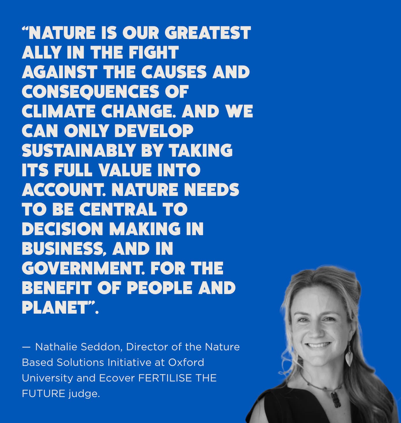 Quote about nature's role in combating climate change, with a smiling woman in professional attire on a blue background.