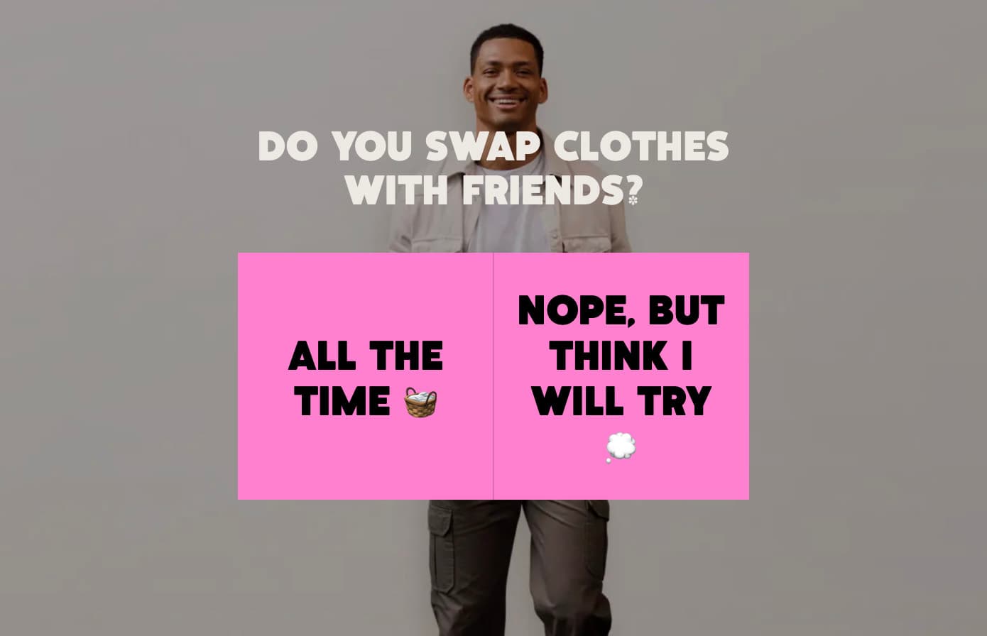 Man standing behind text: "Do you swap clothes with friends?" with options "All the time" and "Nope, but think I will try."