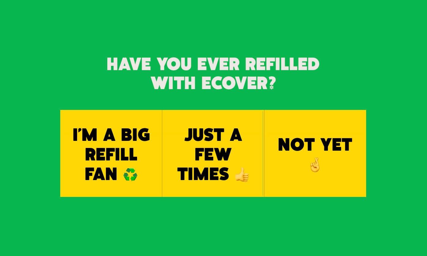 Survey image with three options: "I'm a big refill fan," "Just a few times," and "Not yet," on a green background.