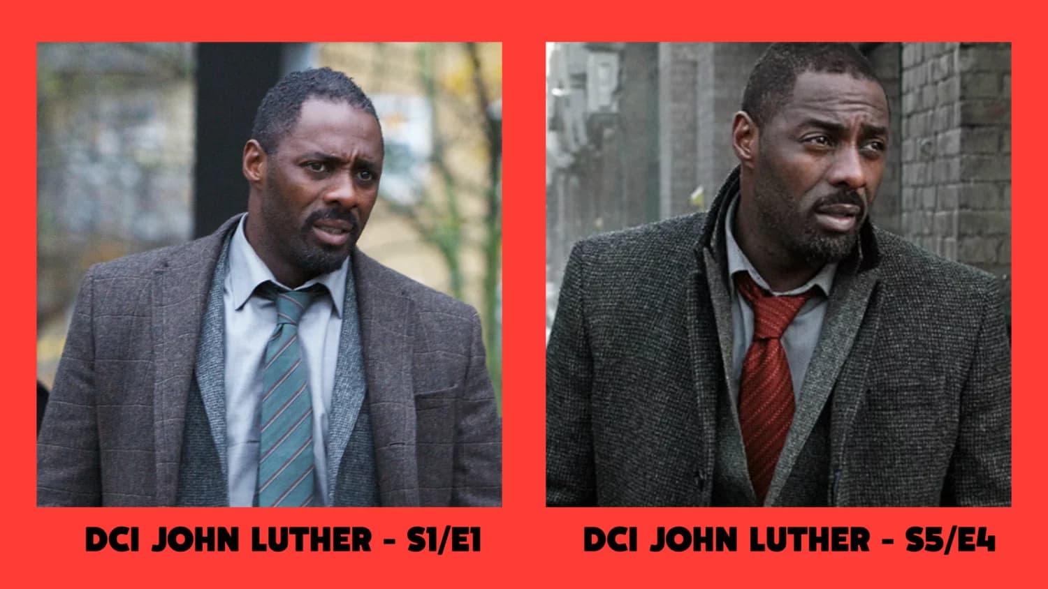 Two images of a man in a coat and tie. Left: S1/E1, looking concerned. Right: S5/E4, looking serious. Red border with text labels.