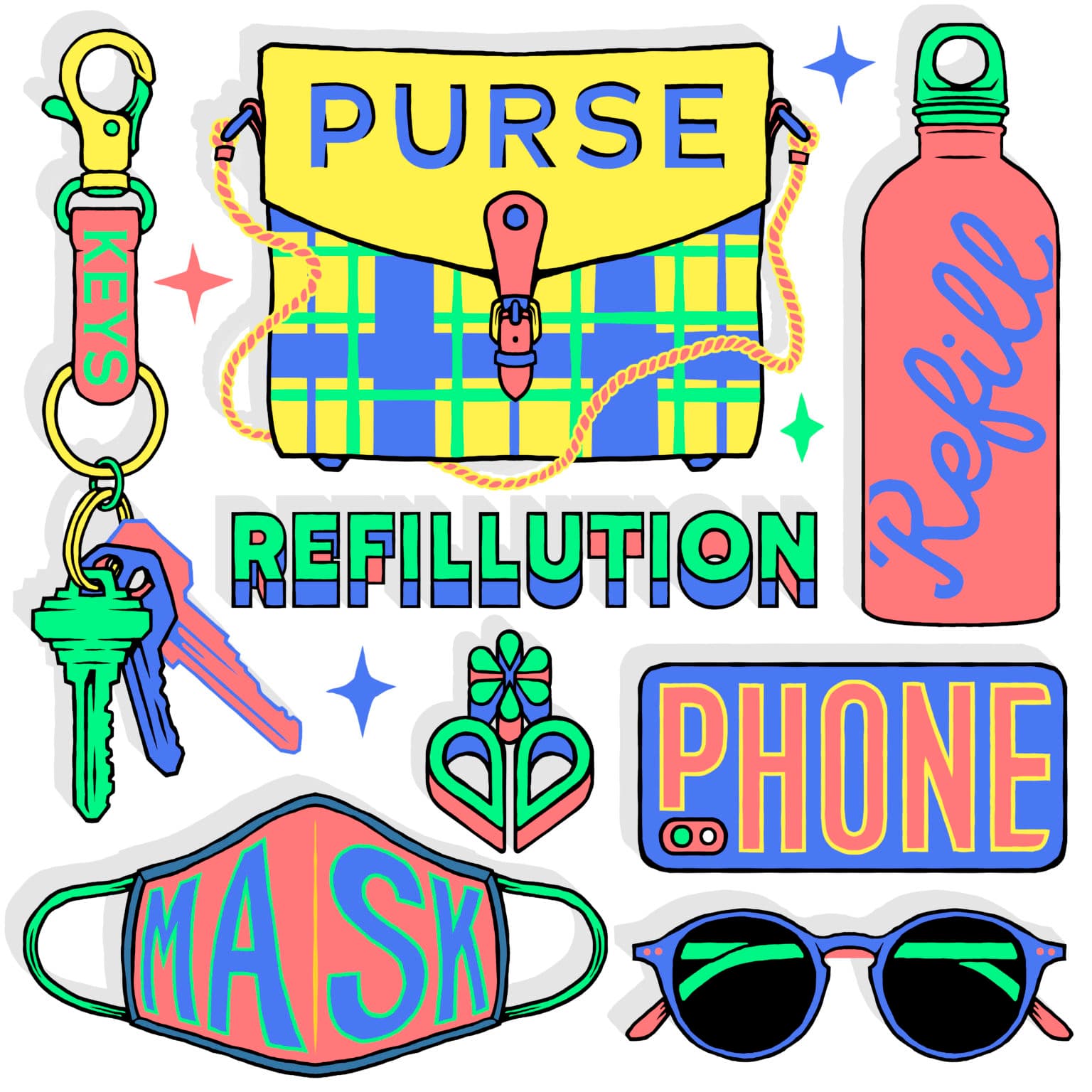 Colorful graphic with the word 'Refill' in blue script over a peach colored water bottle, multicolored key holder with the word 'keys' in green bold font, blue sunglasses, a red face mask with the words 'Mask' in blue text, and a blue phone case with block letters spelling 'phone', there is also a pair of blue framed sunglasses in the bottom right corner. The word 'Refillution' in the middle.