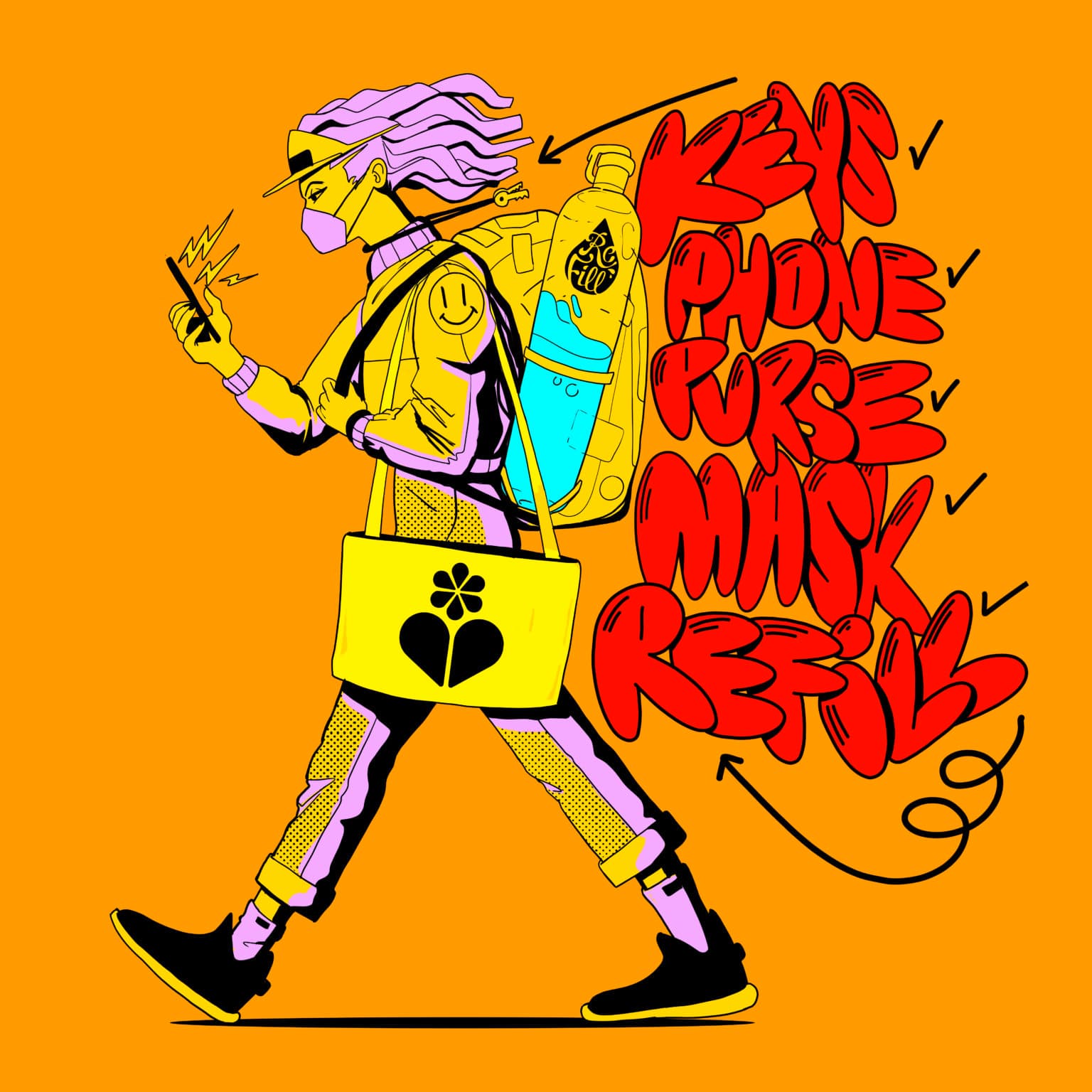Illustration of a masked person walking while looking at their phone, carrying a bag with a flower design and a backpack containing a water bottle labeled 'Refill,' surrounded by bold red text listing 'Keys, Phone, Purse, Mask, Refill' with checkmarks.