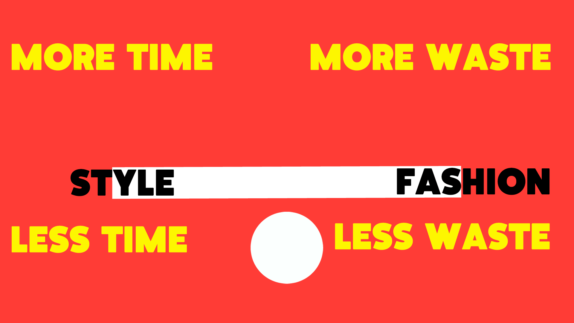 Illustrated gif on a red background with the words "Style" and "Fashion" see-sawing between the words 'More Time, Less Time" and More Waste, Less Waste"
