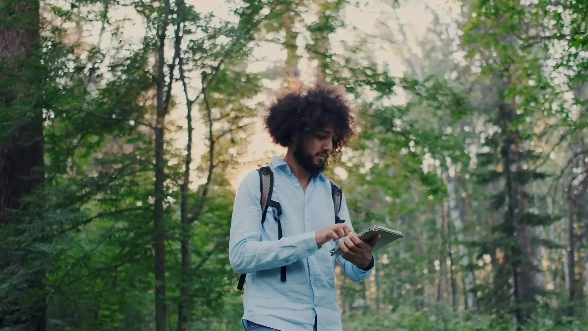 Man with a backpack using a tablet in a forest, surrounded by tall trees and dappled sunlight.