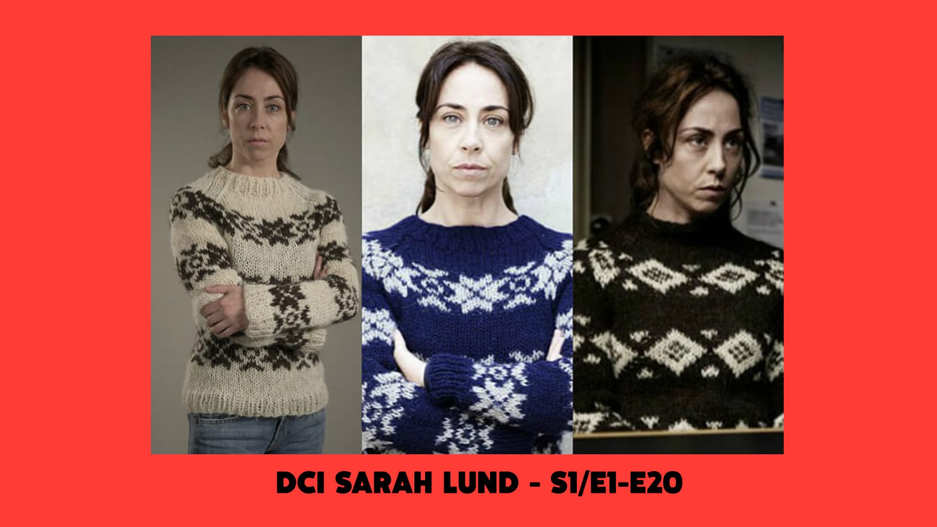 Three image comparison of DCI Sarah Lund wearing a Icelandic sweater
