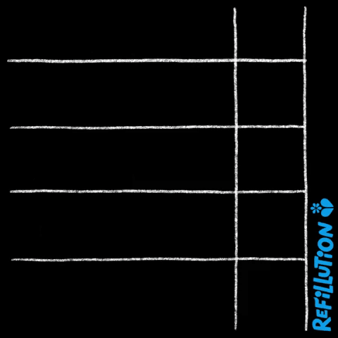 Grid drawn with white chalk lines on a black background, gif of "Keys, Phone, Wallet, Mask, Refill" featuring the word 'Refillution' in blue text with a icon on the right.